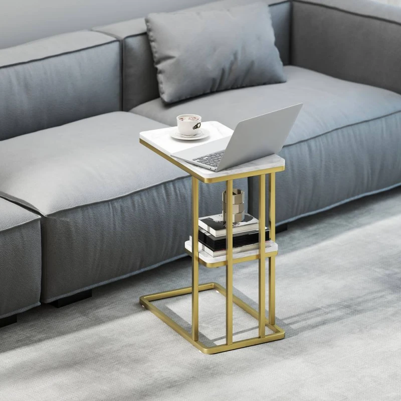 Image of HOMCOM C-Shaped Narrow Side Table, End Table with Shelf, White Marble Grain White Unisex
