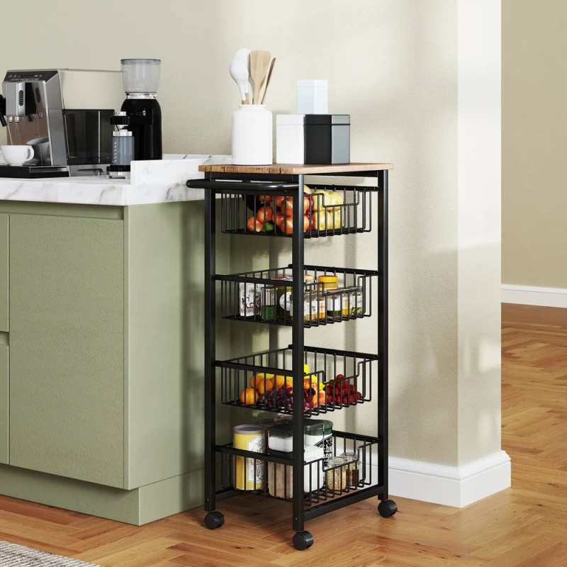 Image of HOMCOM HOMCOM 4-Tier Kitchen Island on Wheels with 4 Pull-Out Baskets, Oak in Light Oak Light Oak One Size Unisex 5063603064737