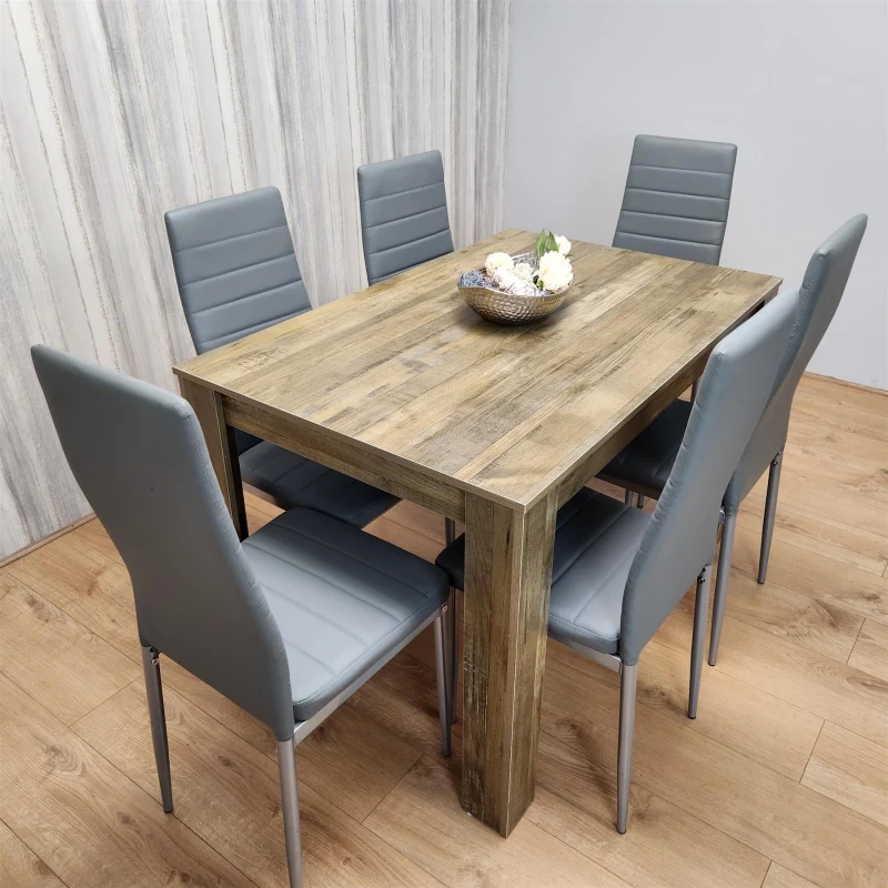 Image of Kosy Koala Rustic Effect Dining Table Set with 6 Grey Faux Leather Chairs Dining Room Furniture Set, Multi RSTIC140+6GYMT