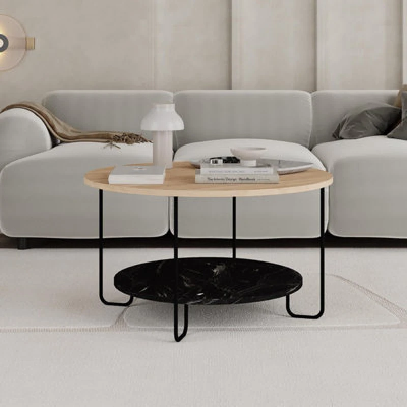 Image of FWStyle Scratch Resistant 2 Tier Coffee Table Oak & Black Marble Metal Frame Brown