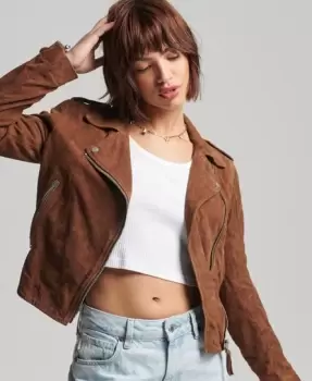 Image of Superdry Womens Classic Suede Biker Jacket Brown / Tobacco Suede - Size: 12