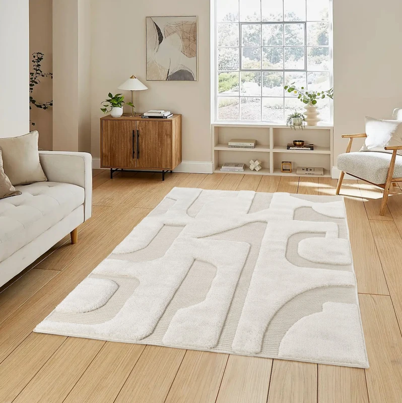 Image of Freya Living Room Area Rug Contemporary 3D Embossed Modern Boho Design - Cream 200Cm X 290Cm