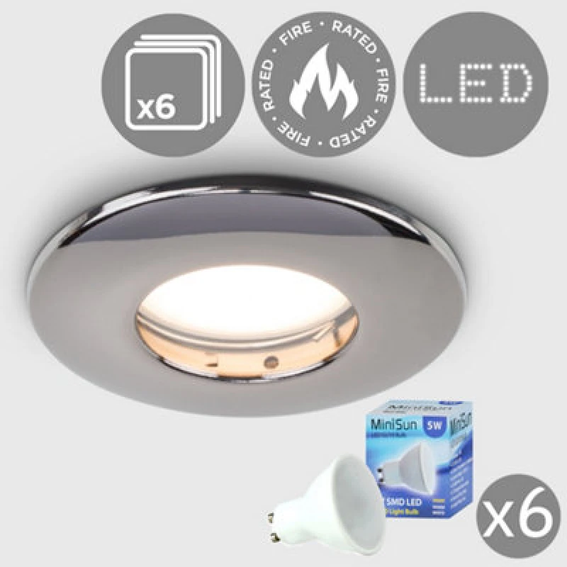 Image of ValueLights Downlight Fire Rated IP65 Ceiling Light Fitting 6 Pack With Warm White Bulbs Black