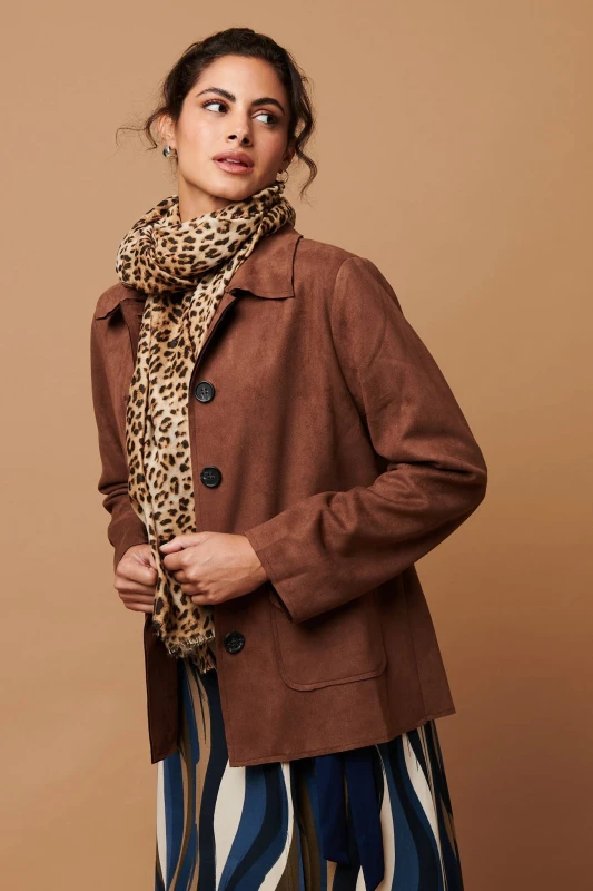 Image of Izabel London Womens Faux Suede Button Front Shirt Jacket in Brown Size: 10 Brown Female 10