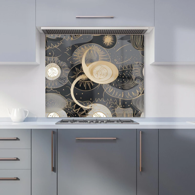 Image of Warren Reed - Designer Abstract Silver Gold Sun & Moon Kitchen Splashback in Grey Size: 600mm x 750mm Grey Unisex 600mm x 750mm