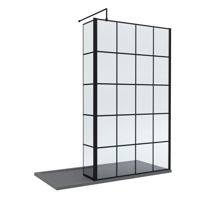 Image of Balterley 8mm Glass Wetroom Screen, Return Black Framed and Tray 1700 x 900mm Grey