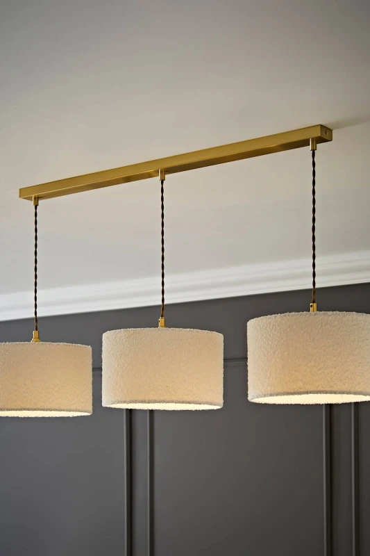Image of ValueLights ValueLights Reni Cream Boucle Shade 3 Drop Bar Gold Diner Ceiling Pendant Light Cream One Size Unisex 5059406062902