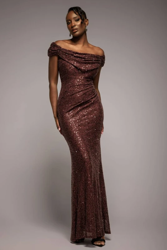 Image of Goddiva Womens Cap Sleeve Iridescent Sequin Cowl Maxi Dress in Brown Size: 18 Brown Female 18