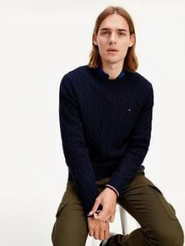Image of Tommy Hilfiger Organic Cotton Cable Knitted Jumper - Navy