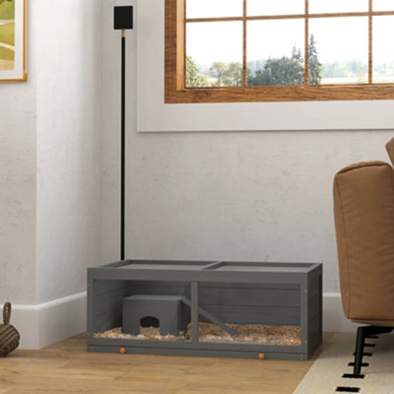 Image of PawHut Wooden Hamster Cage with Sliding Tray, Openable Top, Hut, Grey Grey