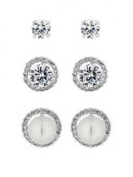 image of Jon Richard Silver Pearl And Crystal Stud Earrings - Pack Of 3