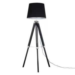 image of Clipper Black and Chrome Tripod Floor Lamp with Black Aspen Shade