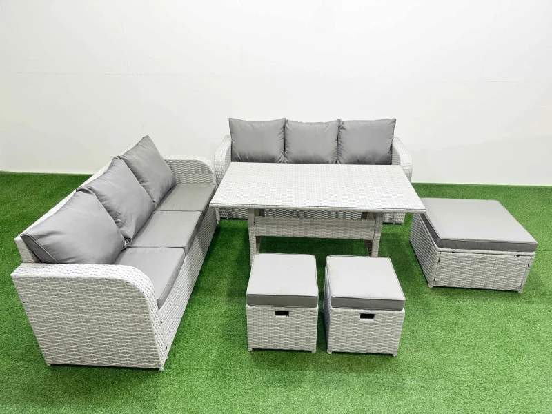 Image of Fimous Outdoor Garden Furniture Sets 9 Seater Wicker Rattan Furniture Sofa Sets with Rectangular Dining Table high Back Lounge Sofa 3 Stools Light Gre
