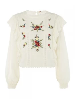 Image of Free People The Amy Embroidered Pannel Top with Ruffle Detail Cream