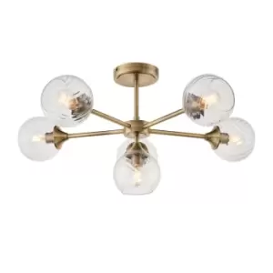 image of Allegra 6 Light Multi Arm Glass Shade Semi Flush Ceiling Lamp Antique Brass