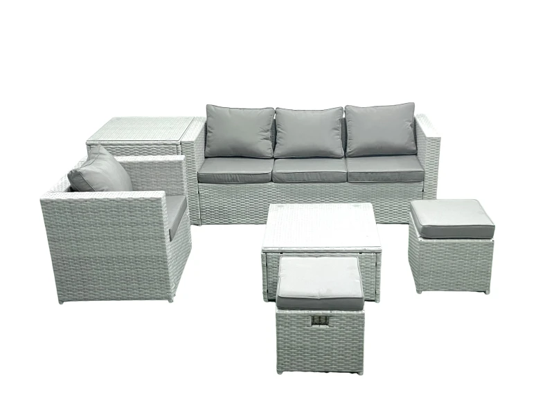 Image of Fimous Garden Outdoor Furniture Set 6 Seater Rattan Sofa Set with 2 Small Footstools Armchair Side Table Light Grey Mixed Light Grey