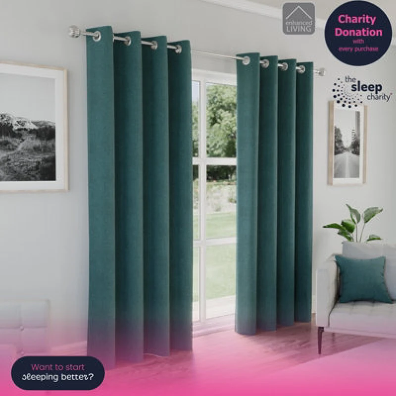 Image of Enhanced Living 'Austin' Teal 100% Blackout, Thermal, Linen Look Pair of Eyelet Curtains Teal