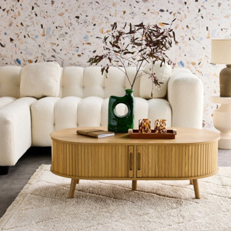 Image of Sweeek - Coffee Table With Sliding Doors And Grooved Wooden-Effect Compartments Natural 110X59X39cm - Legacy