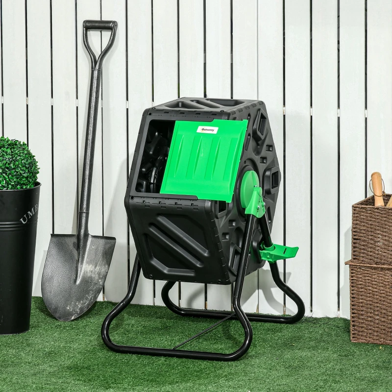 Image of Outsunny 65L Garden Compost Bin, Barrel Rotating Composter with Steel Legs Green