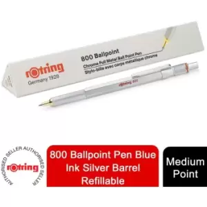 image of Rotring - 800 Ballpoint Pen Medium Point Blue Ink Silver Barrel Refillable