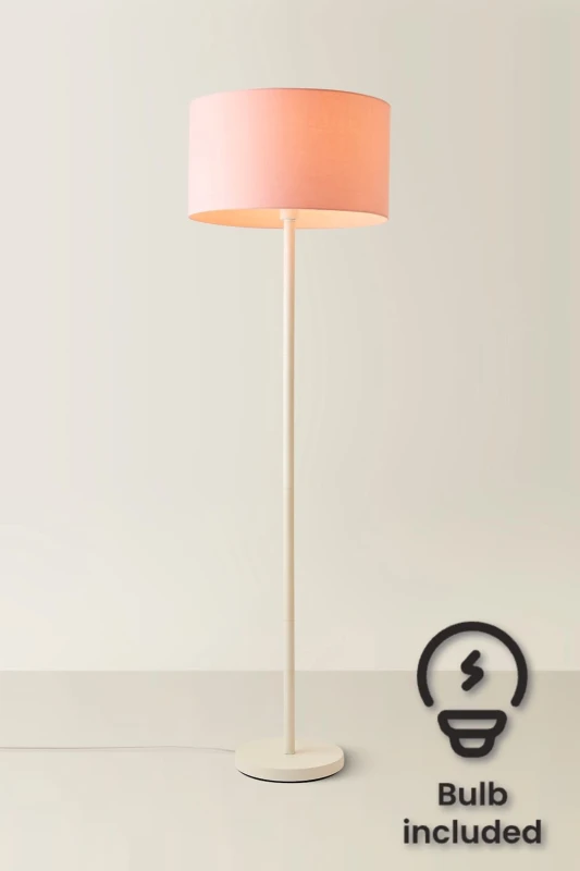 Image of ValueLights Charlie White Single Stem Floor Lamp with Fabric Drum Lamp Shade and LED Bulb Dusty Pink