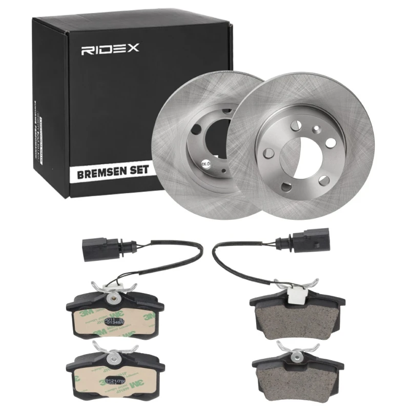 Image of RIDEX 3405B0823 Brake disc and pads set Rear Axle, Brake Disc Type: Solid, with anti-squeak plate Brake Set,disc brakes (3405)