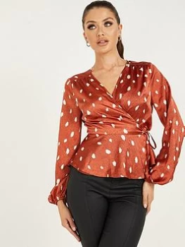 Image of Quiz Rust Satin Polka Dot Peplum Top - 8 - orange
