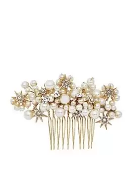 image of Jon Richard Gold Star And Pearl Hair Comb, Silver, Women