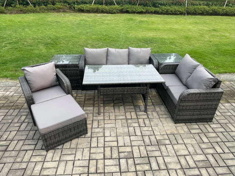 Image of Fimous 7 Piece Rattan Garden Furniture Set with Patio Sofa Rectangular Dining Table 2 Side Table Big Footstool Indoor Conservatory Patio Set Dark Grey