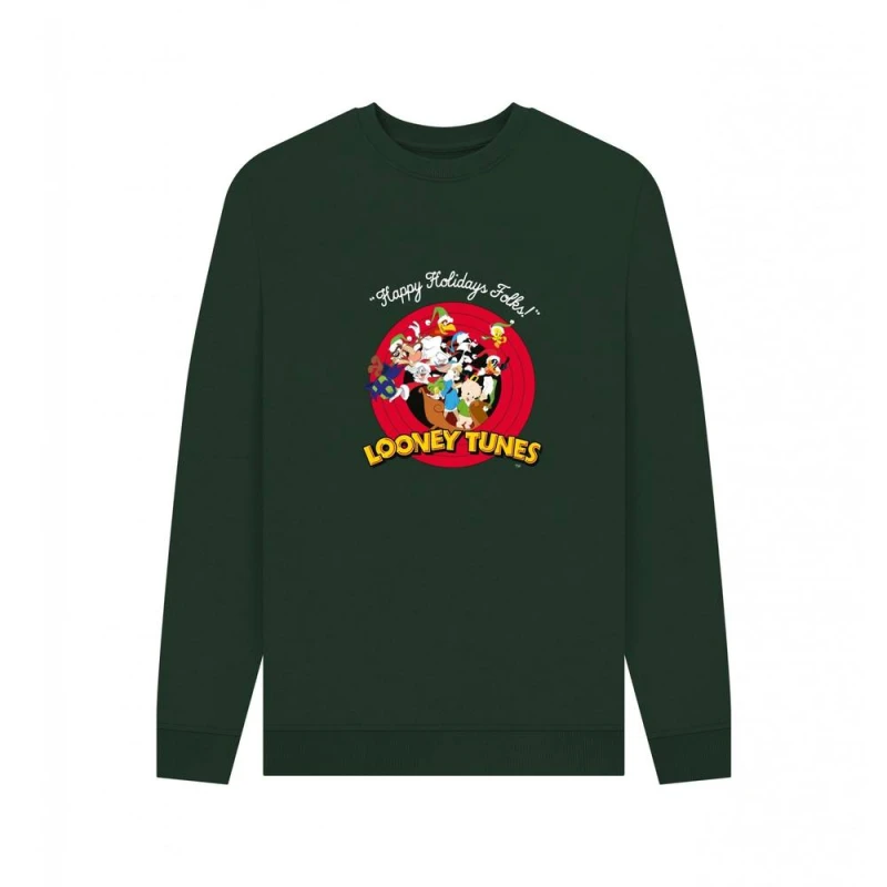 Image of Looney Tunes Mens Christmas Sweatshirt in Bottle Green Size: 2XL Bottle Green Male 2XL