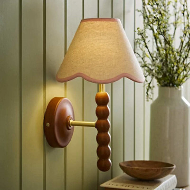 Image of Valuelights Bobbin Walnut Bobble Wall Light And Pink Trim Linen Lamp Shade And Bulb