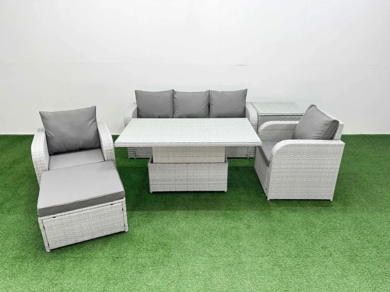Image of Fimous PE Rattan Garden Furniture Set Reclining Chair Sofa Lounge Sofa Set Adjustable Lifting Dining or Coffee Table Side Table Big Footstool Light Gr