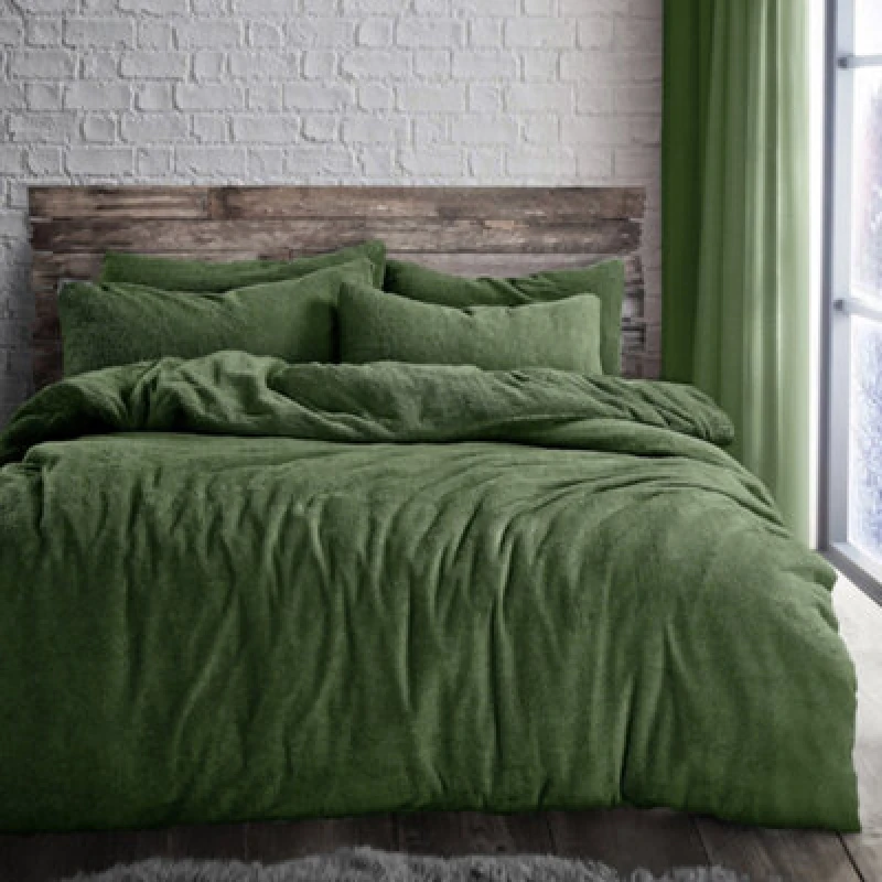 Image of Velosso Olive Plain Teddy Fleece Duvet Cover And Pillowcase Set Super King