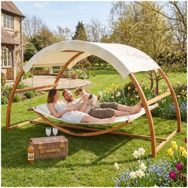 Image of Tectake Hammock Locarno - For 2 People, Large Sun Canopy, Wooden Frame, Washable Fabric 328 X 160 X 171.5Cm - Teak
