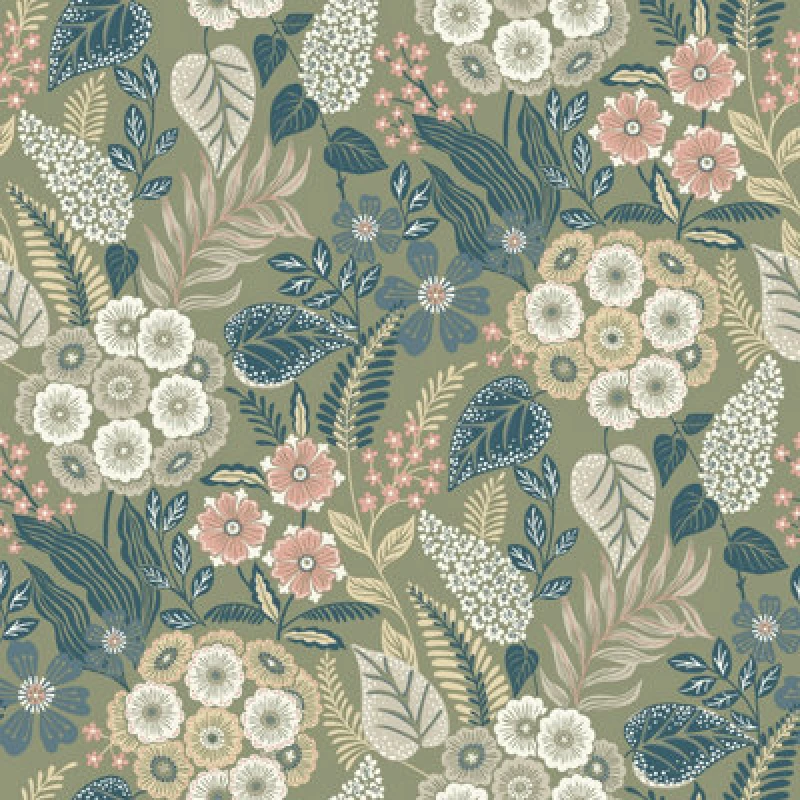 Image of Grandeco Alice Retro Mid Century Floral Textured Wallpaper, Blue Green