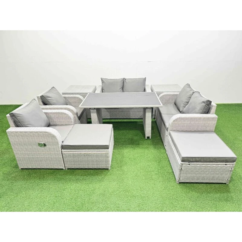 Image of FIMOUS 9 Pieces Outdoor pe Rattan Sofa Reclining Chair Set Patio Garden Furniture Sets with Cushions 2 Side Tables 2 Big Stools Light Grey - Fimous B4