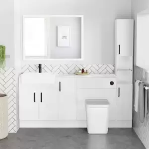 Image of 1800mm - 2100mm White Toilet and Sink Unit with Tall Cabinet Gloss Worktop and Black Fittings - Coniston