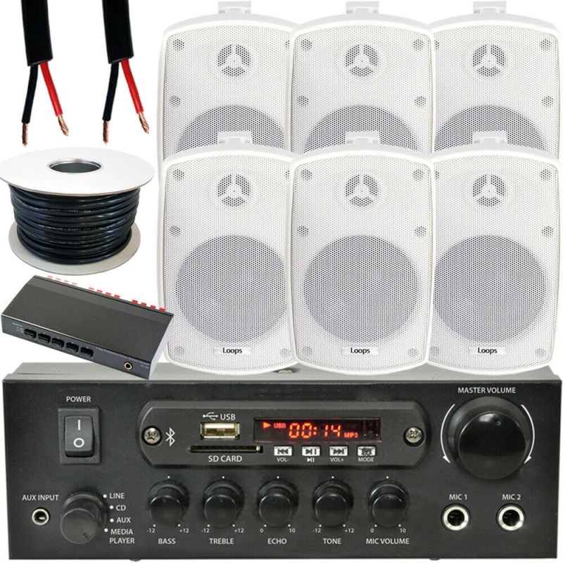 Image of Loops Outdoor Bluetooth Speaker Kit 6x 60W White Stereo Amplifier Garden BBQ Parties White unisex