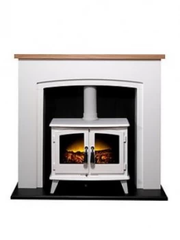 image of Adam Fires & Fireplaces Adam Siena Stove Suite In Pure White & Oak With Woodhouse Electric Stove In White