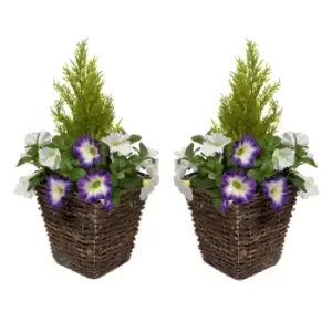 Image of Greenbrokers Artificial Purple & White Petunia Rattan Patio Planters 60Cm/24In (set Of 2)