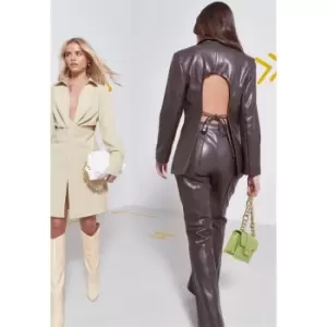 image of Missguided Leather Open Back Blazer - Brown