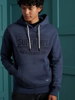 image of Superdry Reworked Classics Applique Hoodie - Blue, Size XS, Men