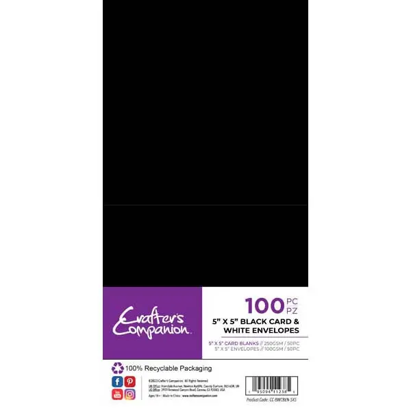 image of Crafter's Companion 5" x 5" Black Card Blanks & White Envelopes 250 GSM Pack of 25