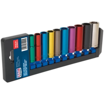 image of Sealey 10 Piece 3/8" Drive Coloured Deep HeX WallDrive Socket Set Metric 3/8"