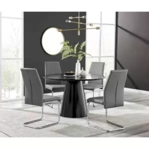 Image of Furniture Box Palma Black Semi Gloss Round Dining Table and 4 Grey Lorenzo Chairs