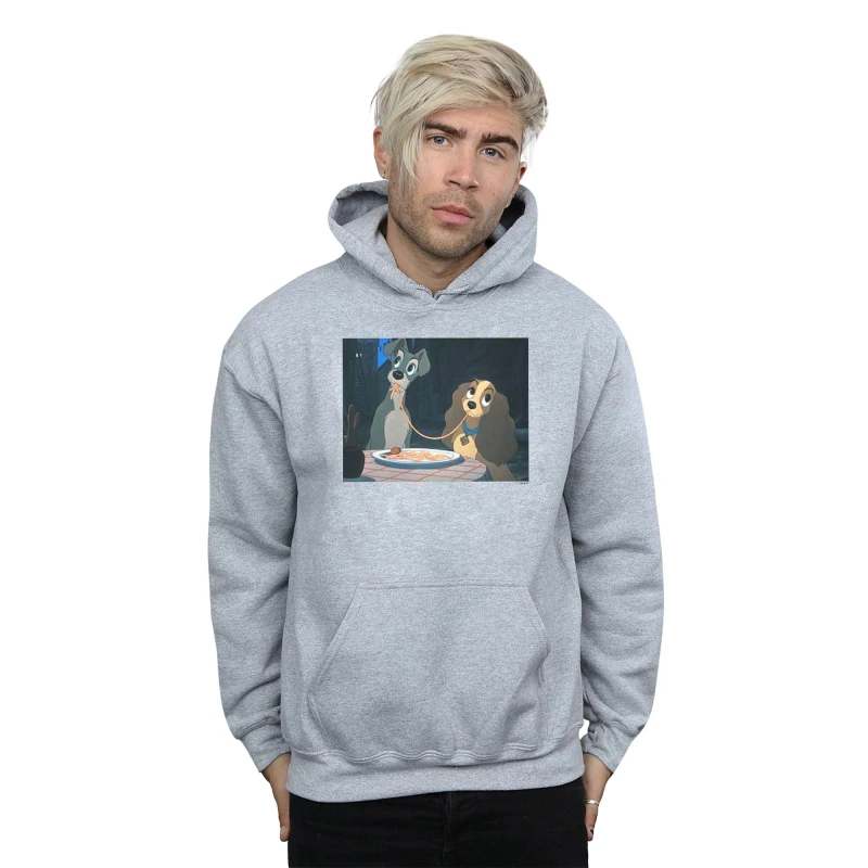 Image of Disney Men Lady And The Tramp Spaghetti Slurp Hoodie in Grey Size: Small Grey S Male 5059114360659