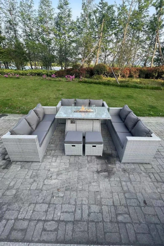 Image of Fimous Light Grey U Shape Lounge Sofa Dining Set With Gas Heater Fire pit Burner 2 PC Small Footstool Light Grey
