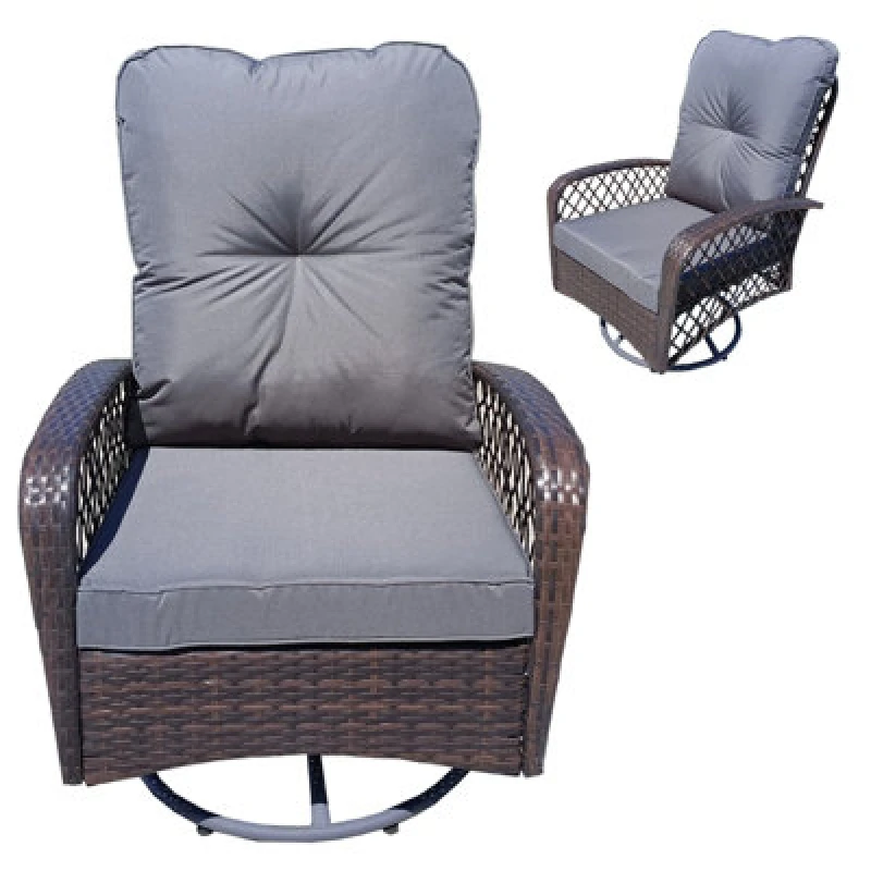 Image of Patio Rattan Swivel Chair, 360 Degrees Swivel Lounge Armchair With Soft Cushion, Weatherproof Pe Ratta - Brown