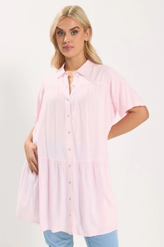 Image of Yours Womens Chambray Tiered Smock Shirt in Light Pink Size: 18 Light Pink Female 18