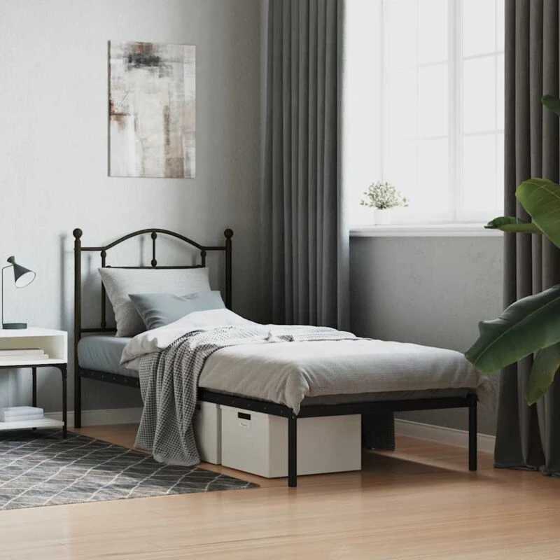 Image of Vidaxl Metal Bed Frame Without Mattress With Headboard Black 90X190 Cm Single, Black 353431